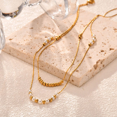 Gold Pearl Layered Chain Necklace