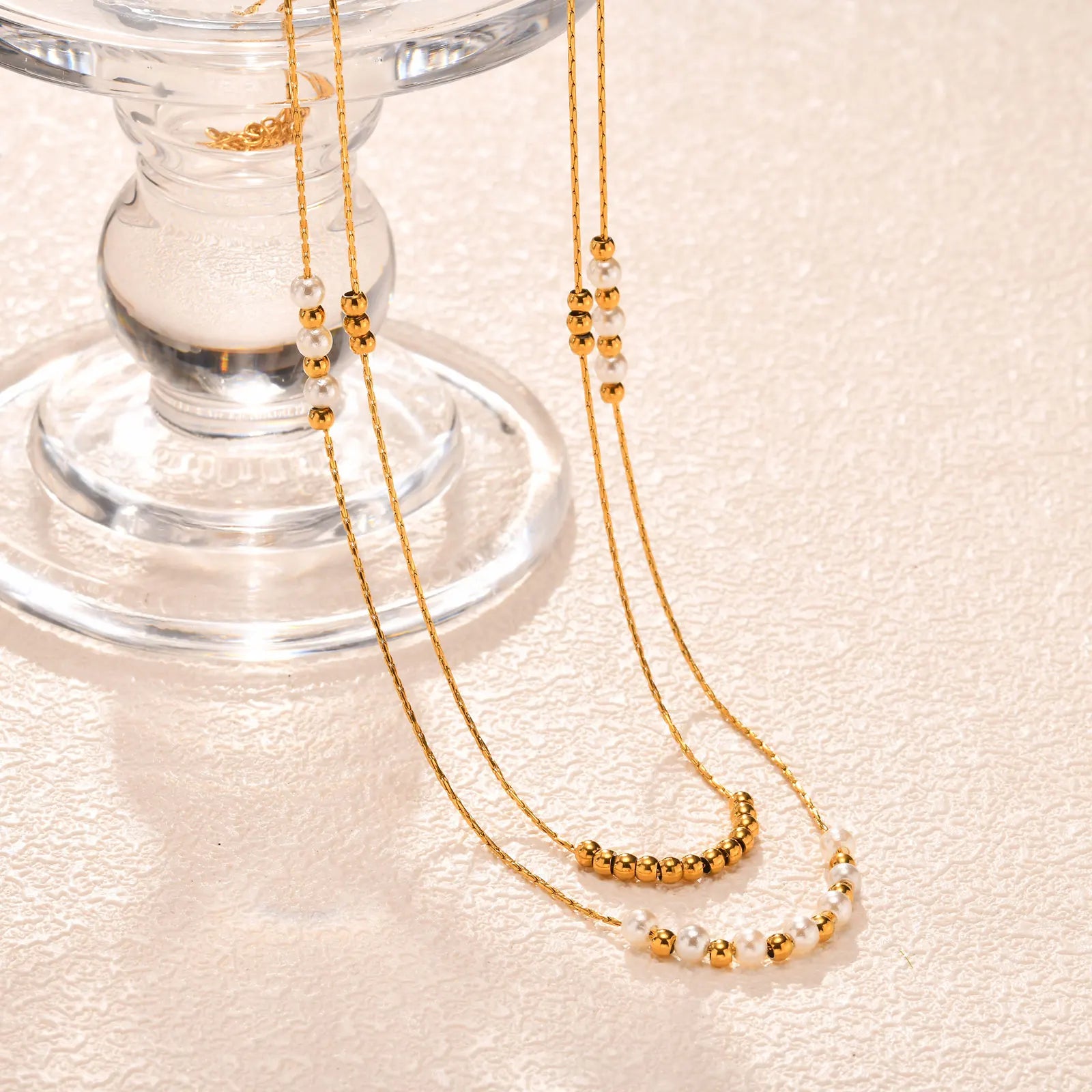 Gold Pearl Layered Chain Necklace