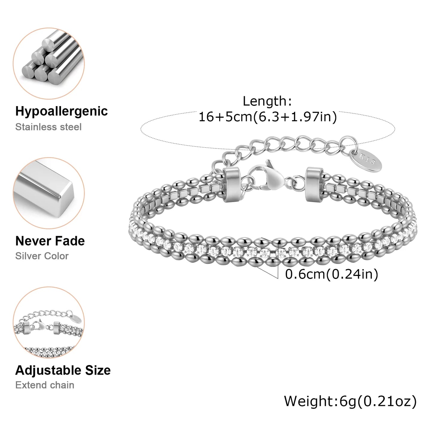 Double Row Olive Bead Zircon Bracelet