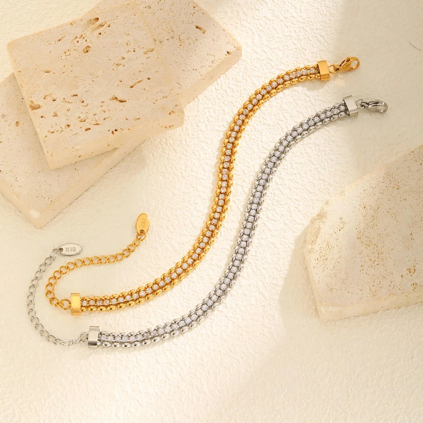 Double Row Olive Bead Zircon Bracelet